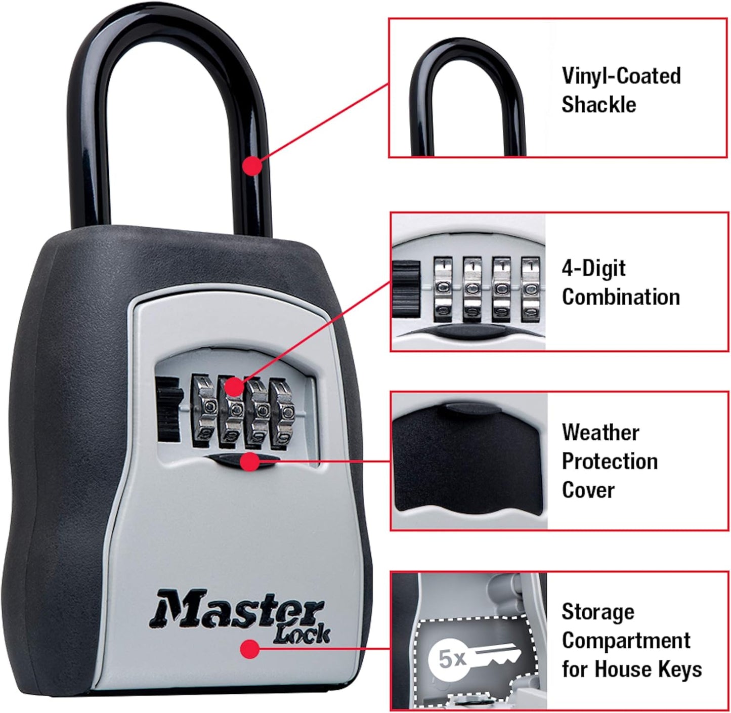 Master Lock Key Lock Box, Outdoor Lock Box for House Keys, Portable Combination Lockbox Resettable Code, 5400EC, Black