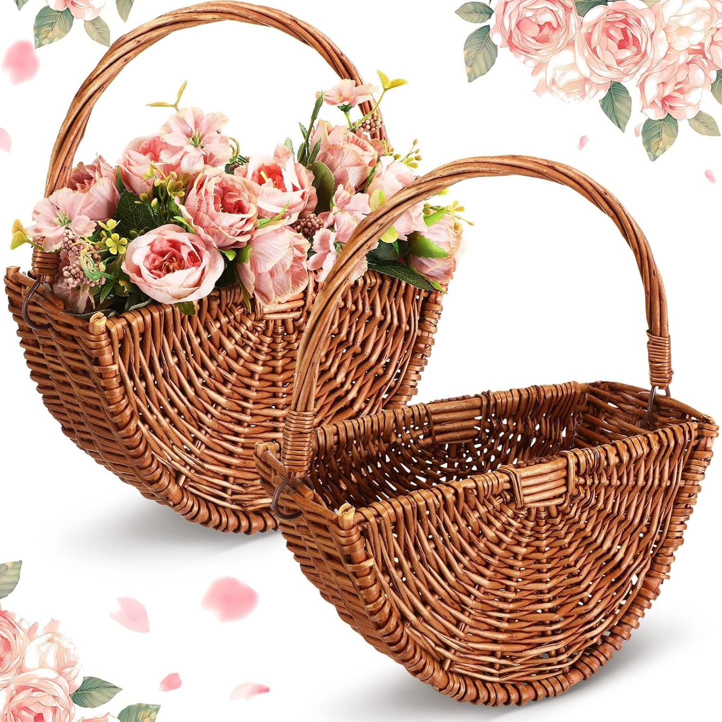 2 Pcs Flower Girl Baskets Half Moon Wicker Rattan Basket with Handle Willow Wedding Baskets for Valentine's Day Wedding Picnic Home Decorations Garden Storage (Dark Color)