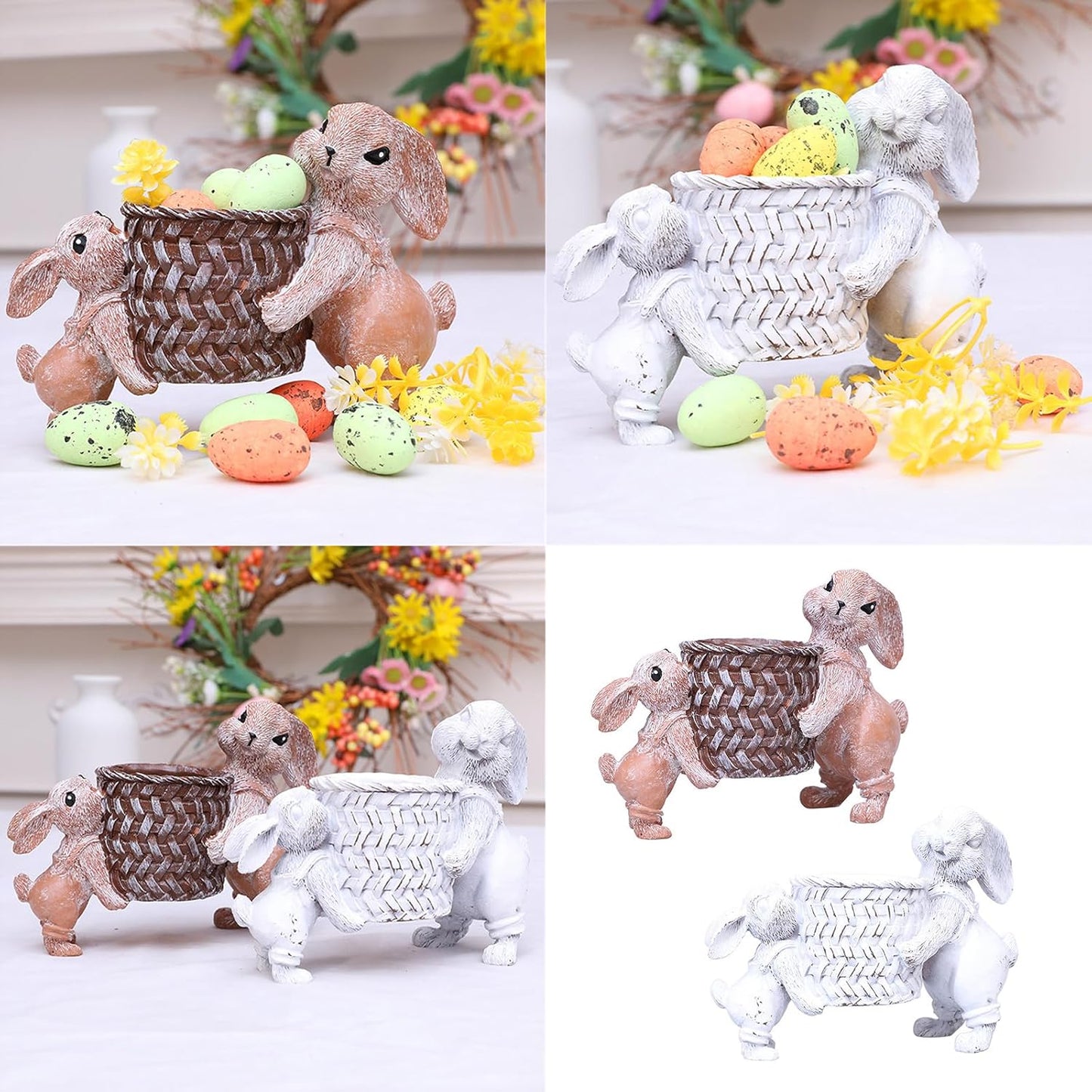 Easters Bunnies Lifting Basket Resins Figurines for Home Decors Rabbits Statues Succulents Small Planter Pots