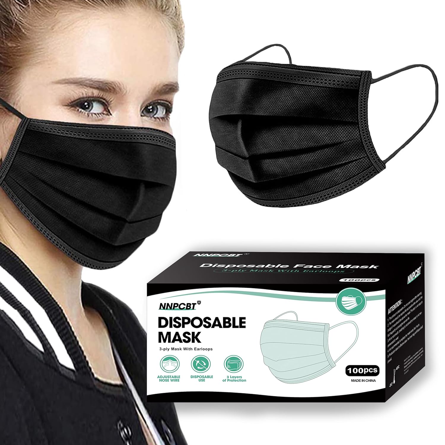 NNPCBT 100PCS 3 Ply Black Disposable Face Mask Filter Protection Face 
