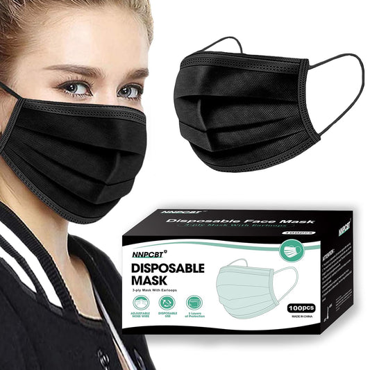 NNPCBT 100PCS 3 Ply Black Disposable Face Mask Filter Protection Face 
