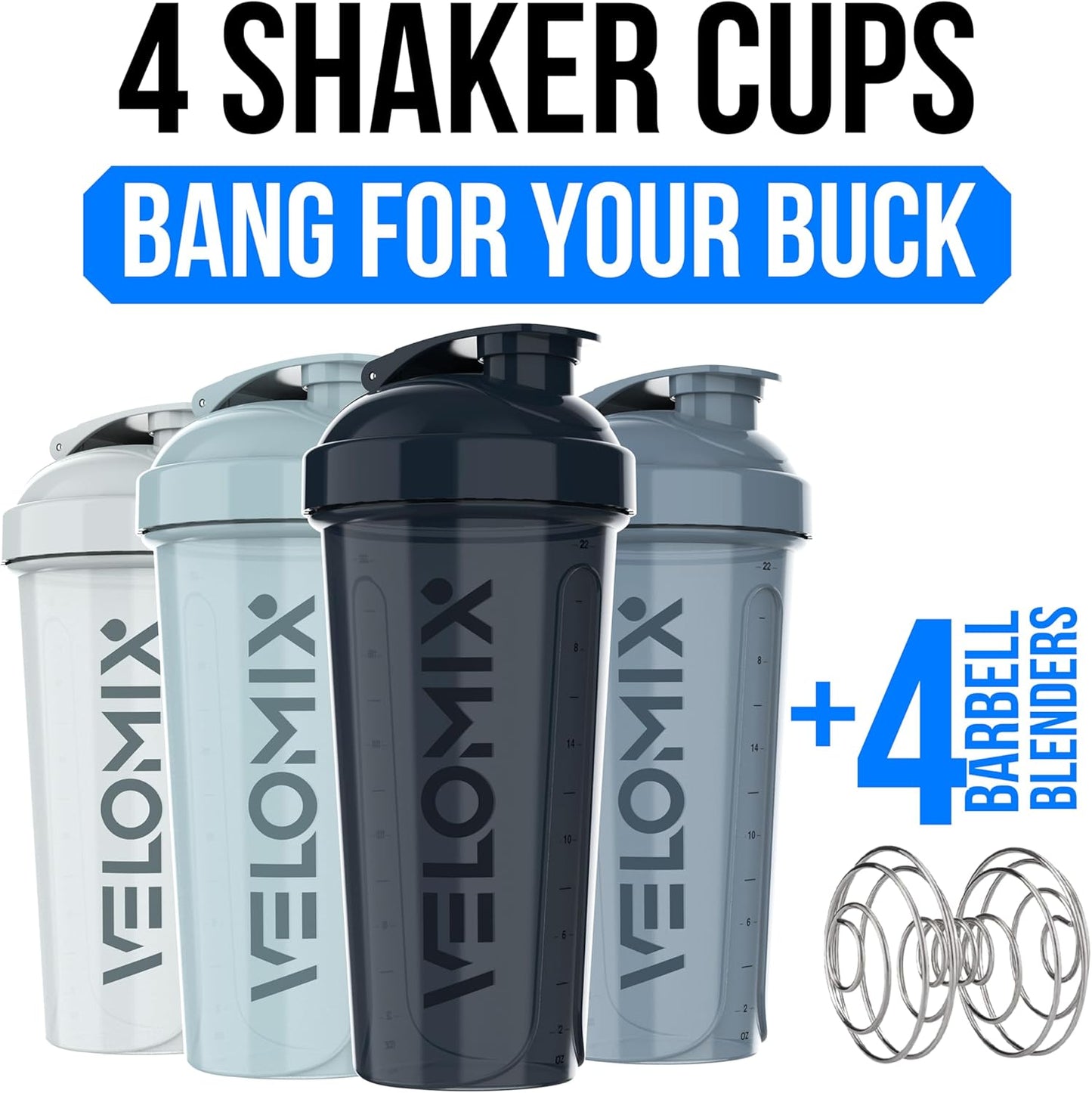 VELOMIX -4 PACK 28 Oz Protein Shaker Bottle for Protein Mixes - 4x Wire Whisk | Leak Proof Shaker Cups for Protein Shakes | Large, Stackable Protein Shaker Bottle Pack | Dishwasher Safe (Aqua Depths)