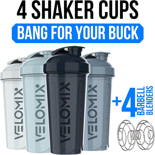 VELOMIX -4 PACK 28 Oz Protein Shaker Bottle for Protein Mixes - 4x Wire Whisk | Leak Proof Shaker Cups for Protein Shakes | Large, Stackable Protein Shaker Bottle Pack | Dishwasher Safe (Aqua Depths)