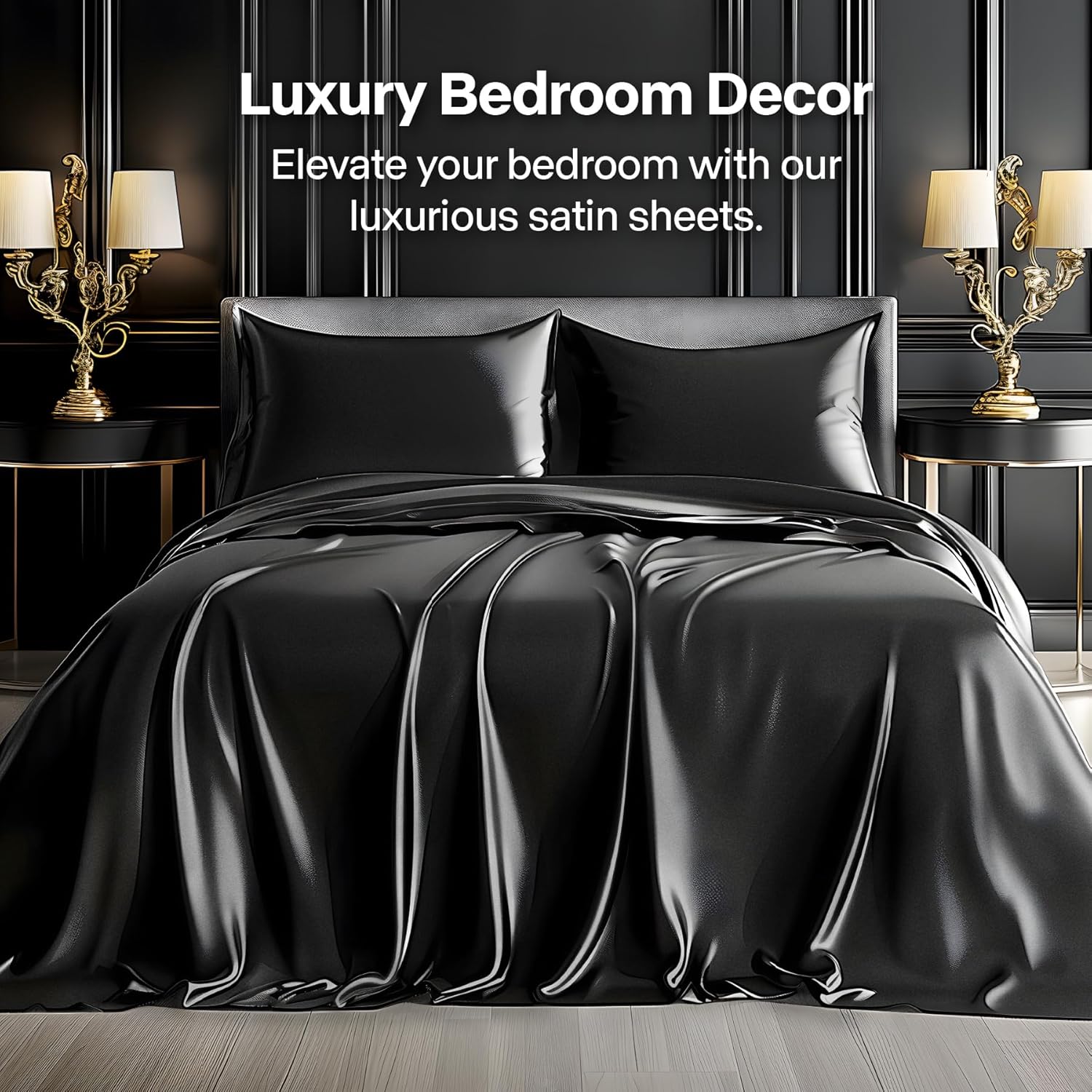 BEDELITE Satin Sheets Queen Size Bed Set, Luxury Soft Black Silky Shee