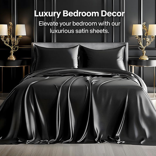 BEDELITE Satin Sheets Queen Size Bed Set, Luxury Soft Black Silky Shee
