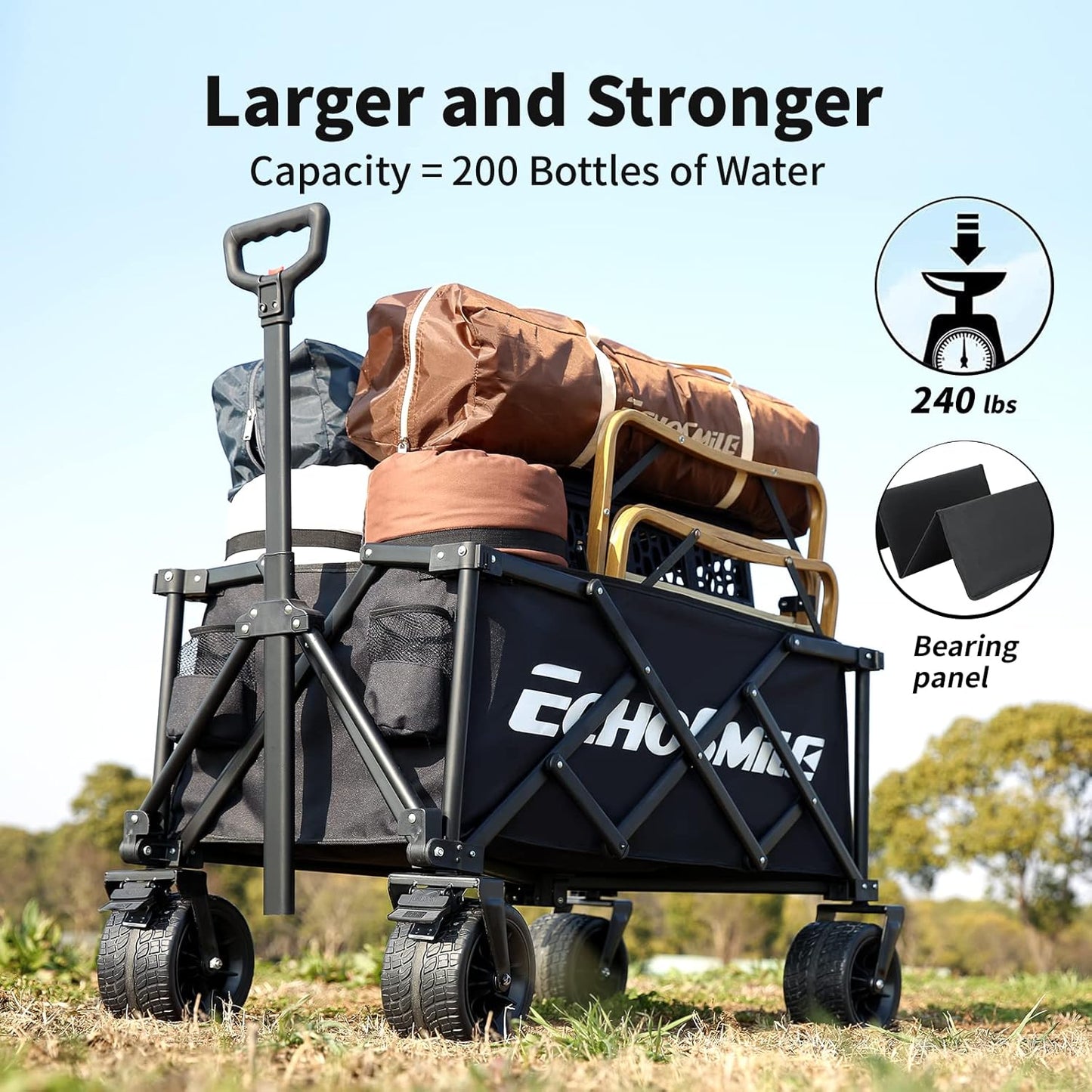 EchoSmile Collapsible Folding Wagon Cart with Compact Storage - 400LBS Capacity All Terrain Utility Cart for Camping, Beach, Grocery, Gardening (Black)