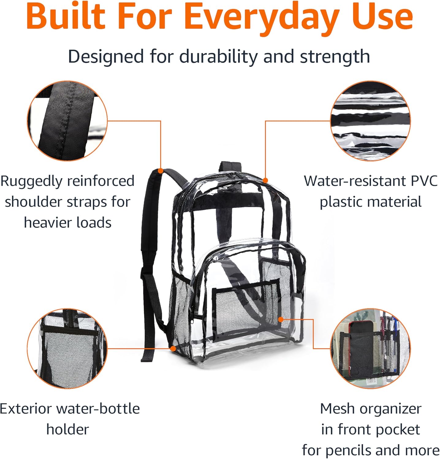 Amazon Basics Transparent Clear School Backpack, Water-Resistant PVC Plastic, Reinforced Shoulder Straps, 17 x 7 x 13 in