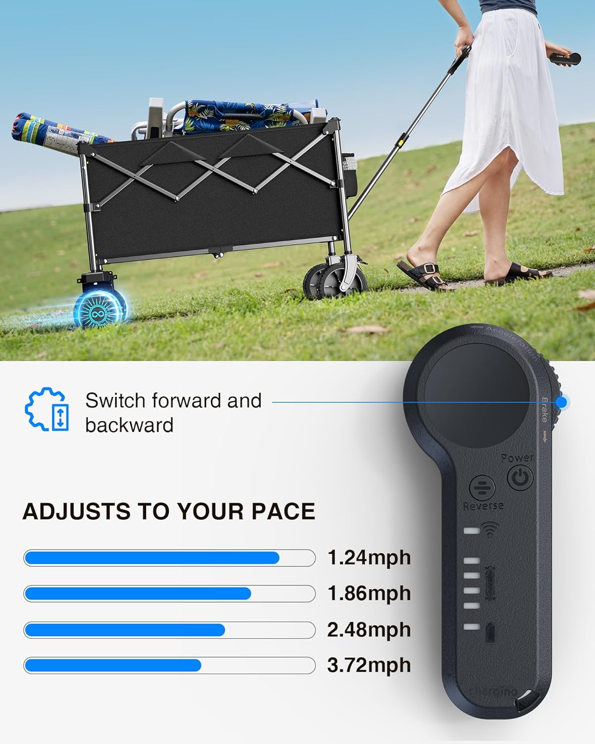 Electric Utility Wagon Cart–330 lb Load, 180 L Foldable Beach Wagon with Remote, 4-Speed, All-Terrain Wheels for Camping, Beach, Garden & Shopping, Black