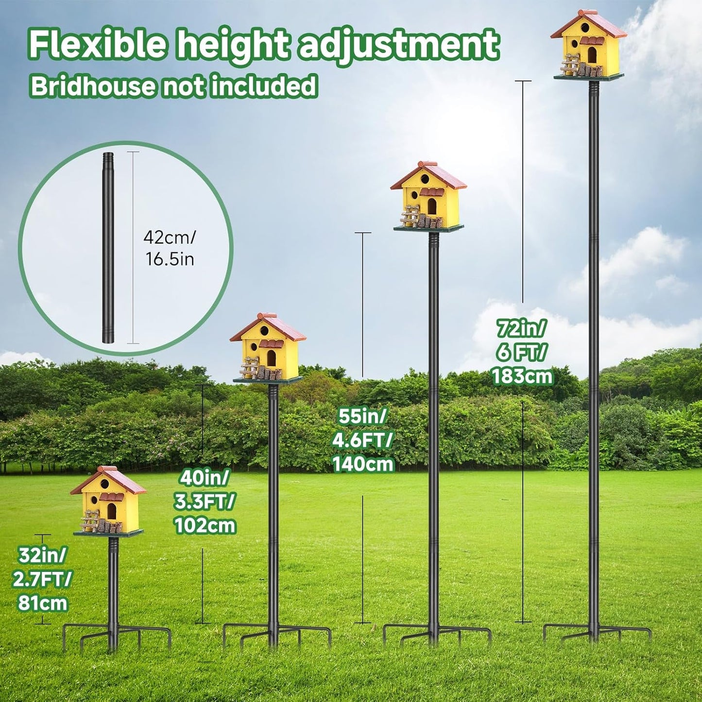 Smart Bird Feeder Pole Stand 79In,Adjustable Height Metal Bird House Pole for Outdoor Garden with Multiple Mounting Options Round Squirrel Baffle High 79in (79'' Pole)