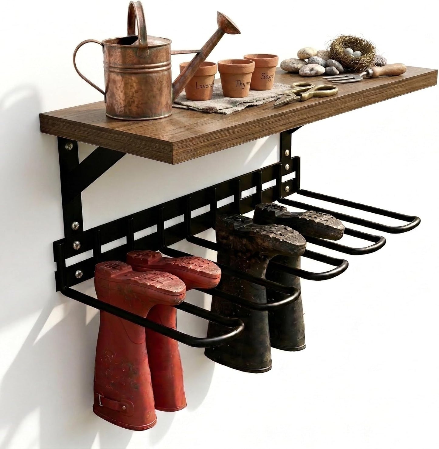 Decoroca Garden Tool Organizer With Shelf, Wall Mount Garage Tool&Boot Rack With 5 Curved hooks, Heavy Duty Wader Boot Hangers Storage Rack for Outdoor/Indoor,Garden,Garage