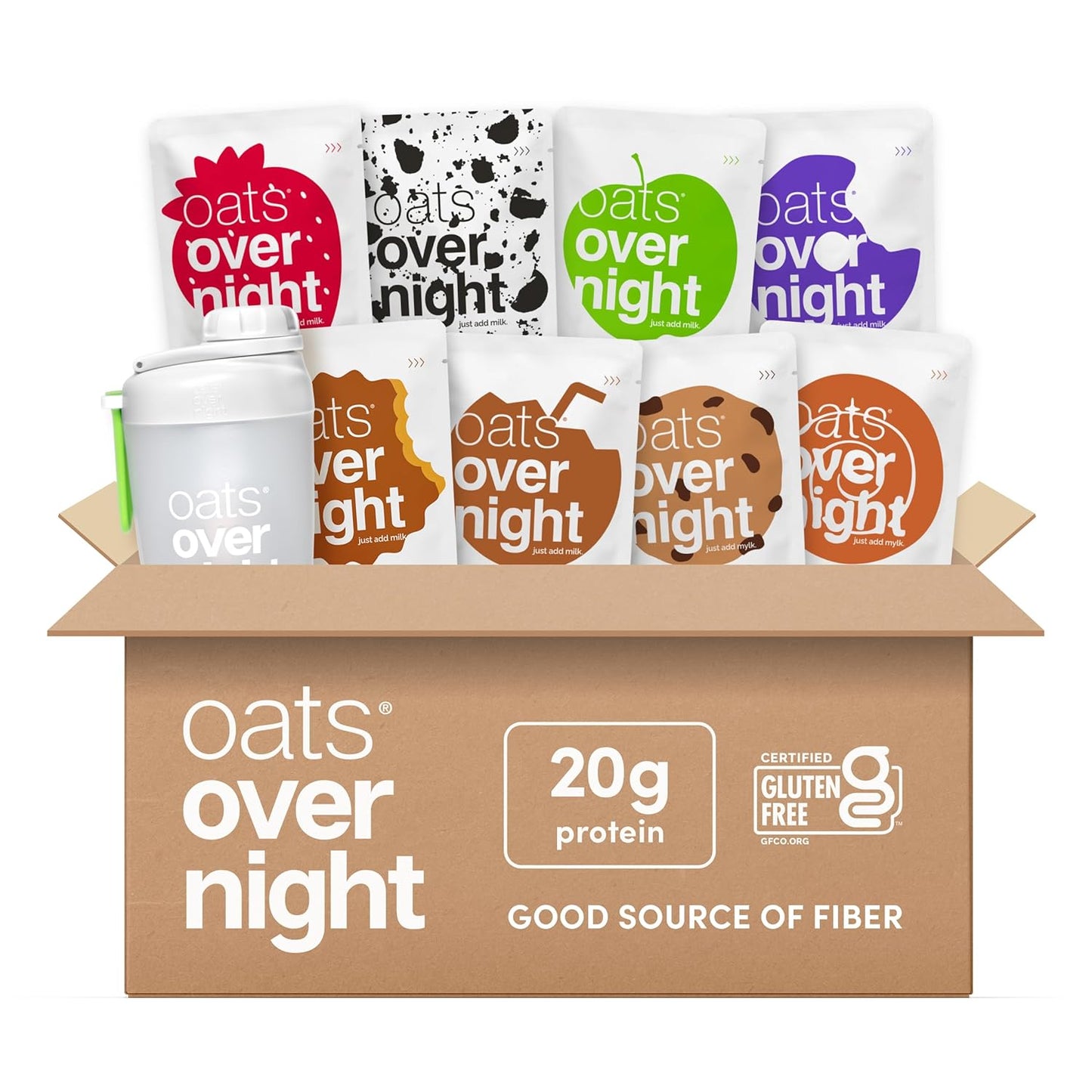 Oats Overnight Party Variety Pack - High Protein, High Fiber Breakfast Protein Shake - Gluten Free Oatmeal, Non GMO Oatmeal - Cookies & Cream, Coconut Cream Pie & More Flavors (8 Pack + Shaker Bottle)