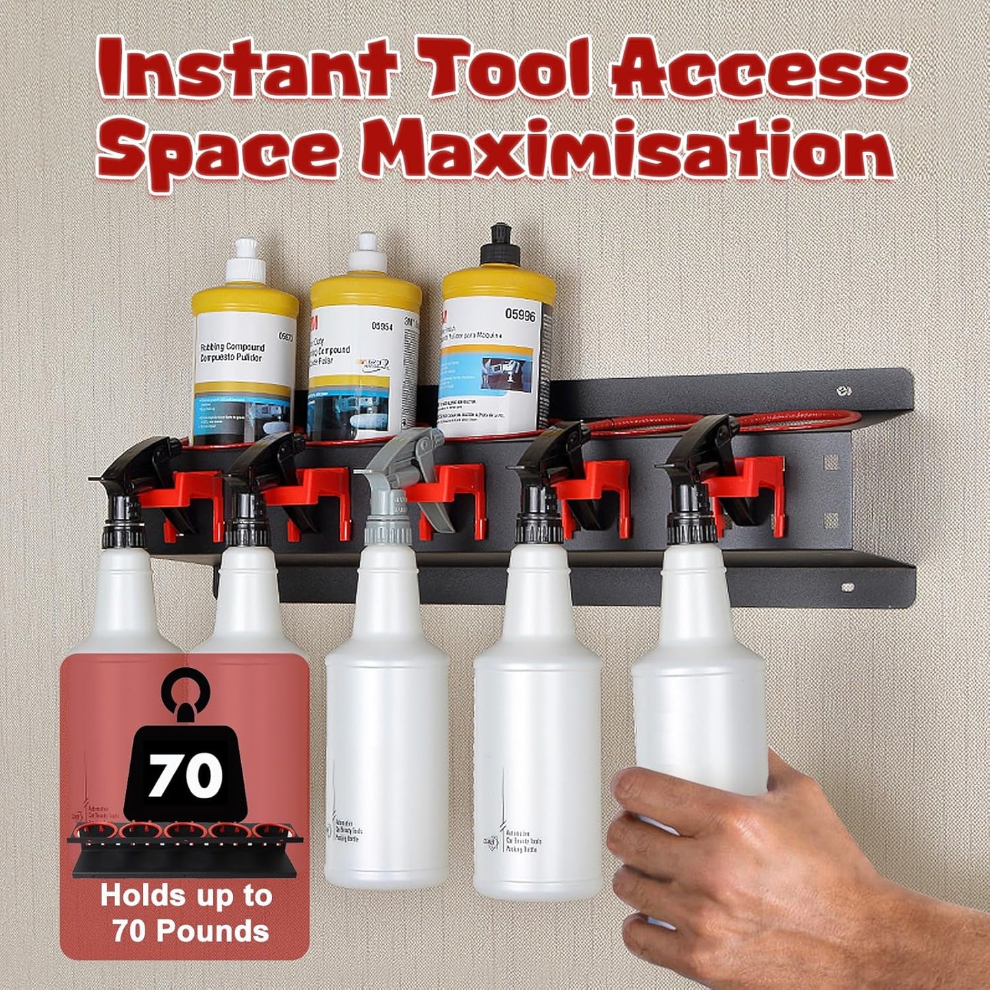 Spray Bottle Holders for Car Detailing, 22Pcs Heavy-Duty Wall Mounted Steel Rack Set with Clips Hooks & Brushes, Garage Van Workshop Organizer for Aerosol Cans, Van, Workshop, Garden Tools
