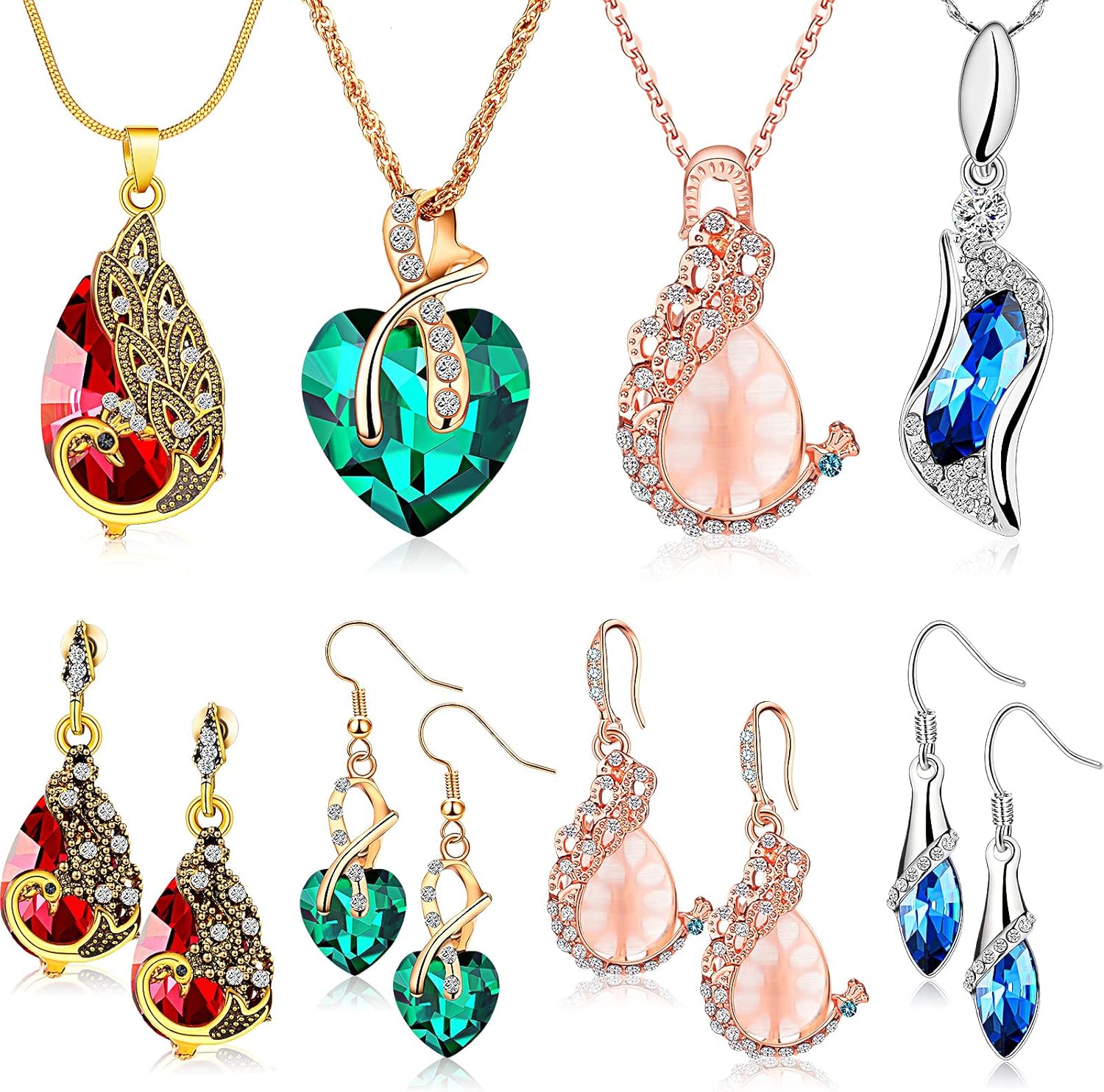 MTLEE 4 Set Peacock Jewelry Sets for Women Crystal Necklace Earrings R