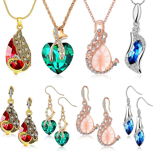 MTLEE 4 Set Peacock Jewelry Sets for Women Crystal Necklace Earrings R