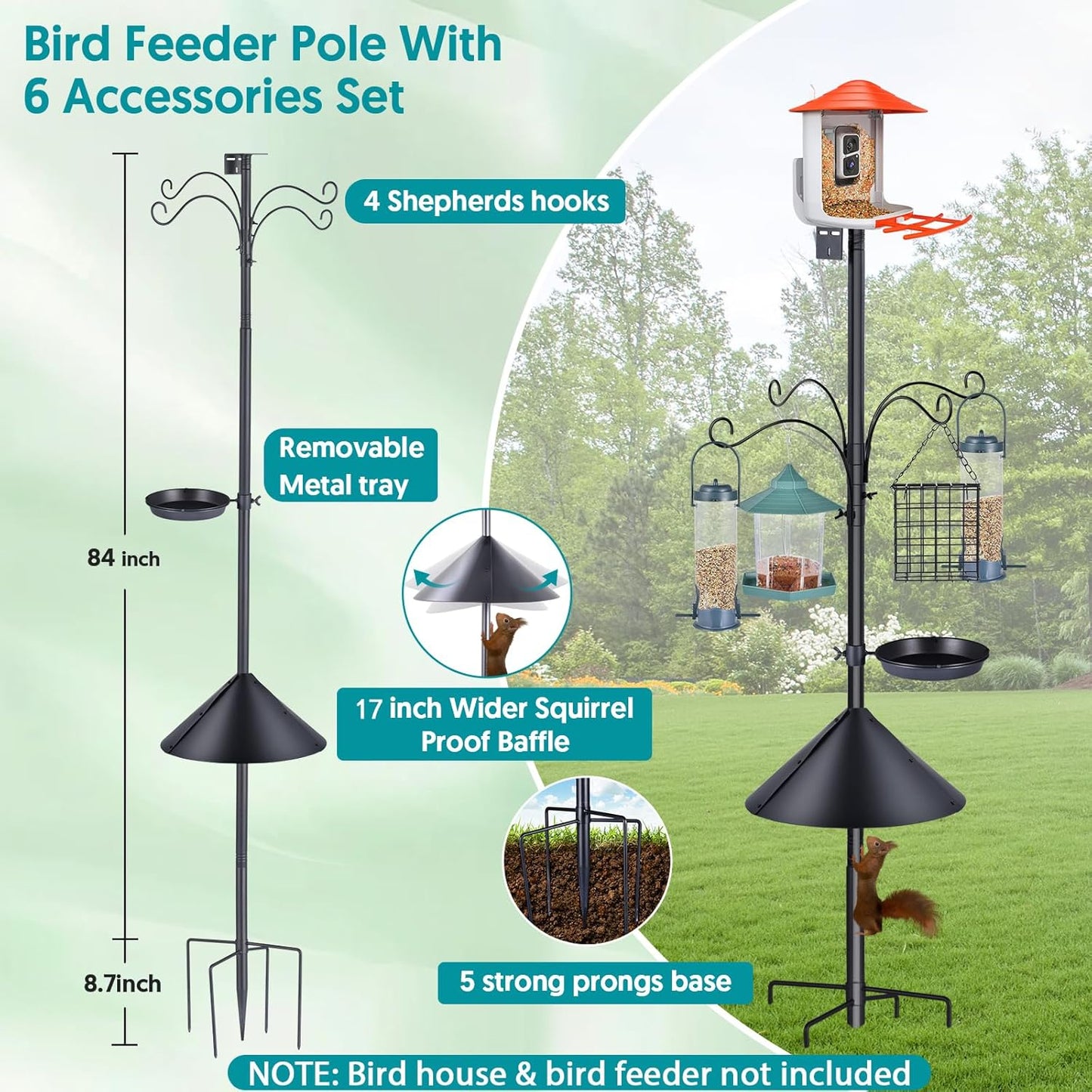 Bird Feeder Pole 92 Inch True Heavy Duty Birdhouse Pole with Squirrel Proof Baffle for Outdoor, Adjustable Bird Feeder Stand with 4 Shepherds Hook Mental Tray for Garden Attracting Wild Birds