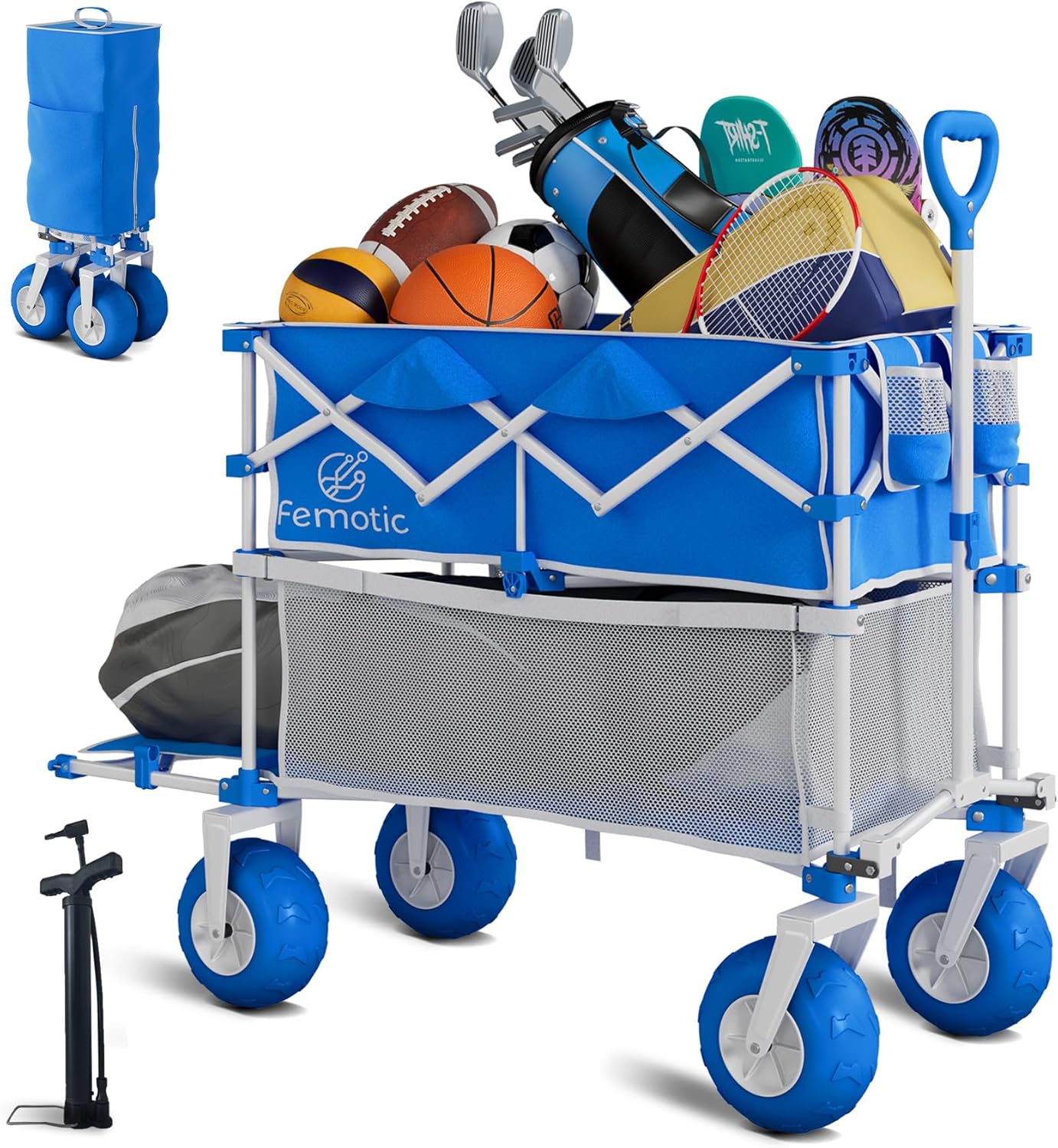 Beach Wagon with Big Wheels for Sand,Heavy Duty Double Decker Wagon with Extender,385L Extra Large Foldable Wagon Cart with 9" All Terrain Inflatable Tires,for Beach Camping Garden and Sports, Blue