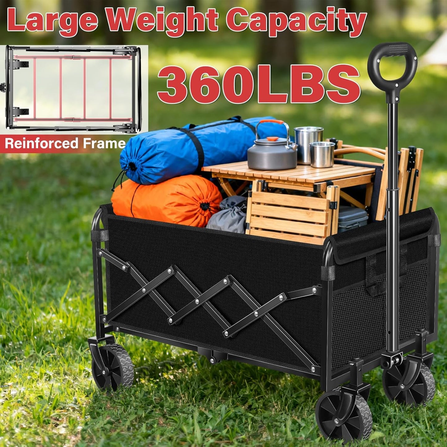 Collapsible Folding Utility Wagon Cart with Wheels, 360 Lbs Heavy Duty Outdoor Foldable Wagon with Adjustable Handle, 2 Drink Holders, Portable Wagon for Groceries, Garden, Beach, Camping, Shopping