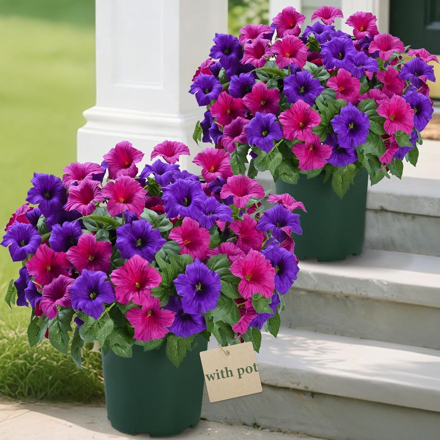 MARTINE MALL Artificial Flowers for Outdoors, 2 Potted Realistic Fake Outdoor Flowers, UV Resistant Silk Petunia Flower for Outside Look Real Faux Flower Plants in Pot for Porch Garden Decor, 20''