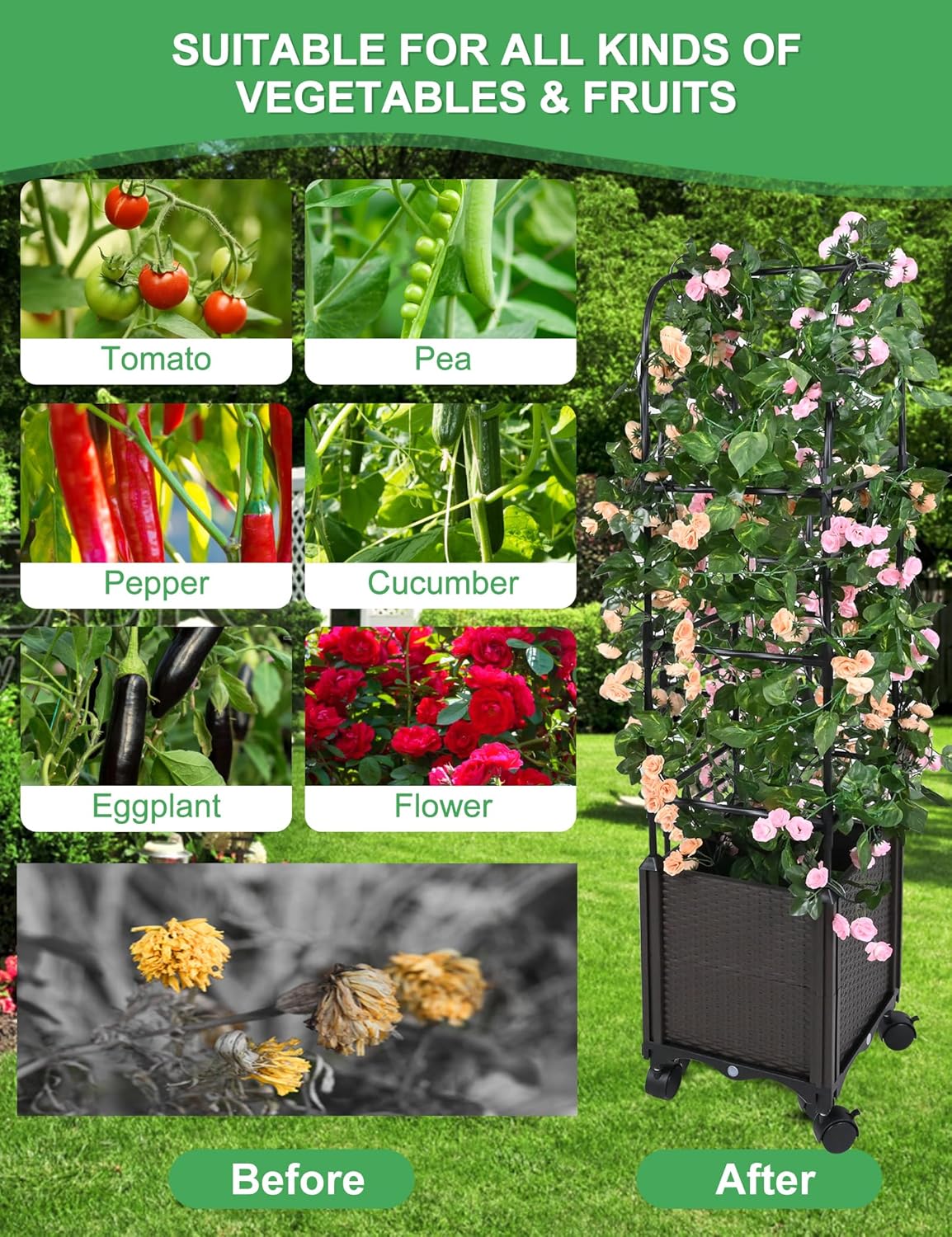 Raised Garden Bed Planter Box with Trellis, 51” Self-Watering Tomato Planter Boxes with Wheels for Climbing Plants, Tomato Cage for Patio Greenhouse Gardening Indoor Outdoor， 2 Pack