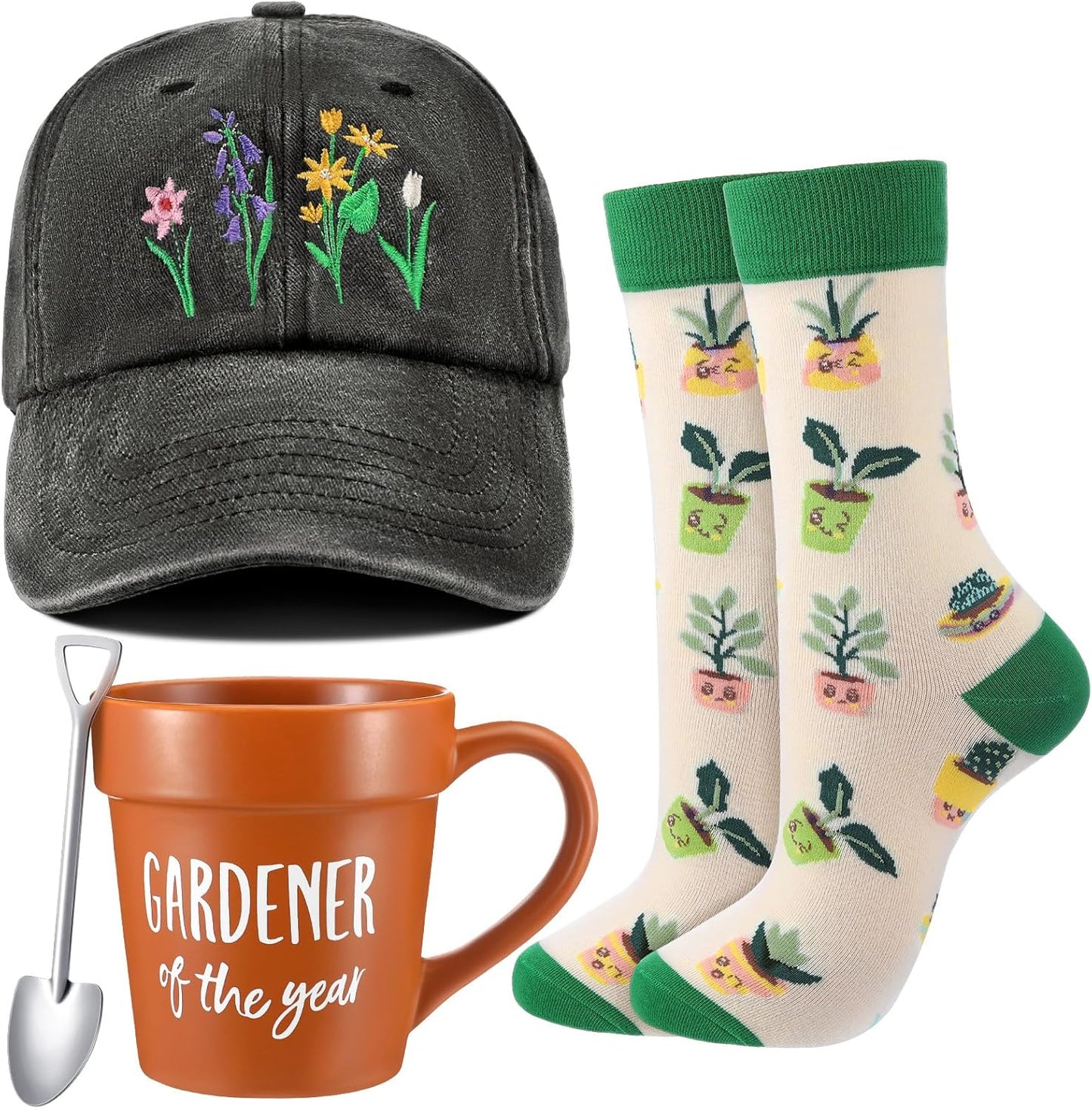 4 Pcs Plant Lover Gift Set for Women Plants Themed Christmas Birthday Gift Set with 15oz Coffee Cup Gardening Hat Gardener Plant Socks Shovel Spoon for Lady Mom Gardening Supplies