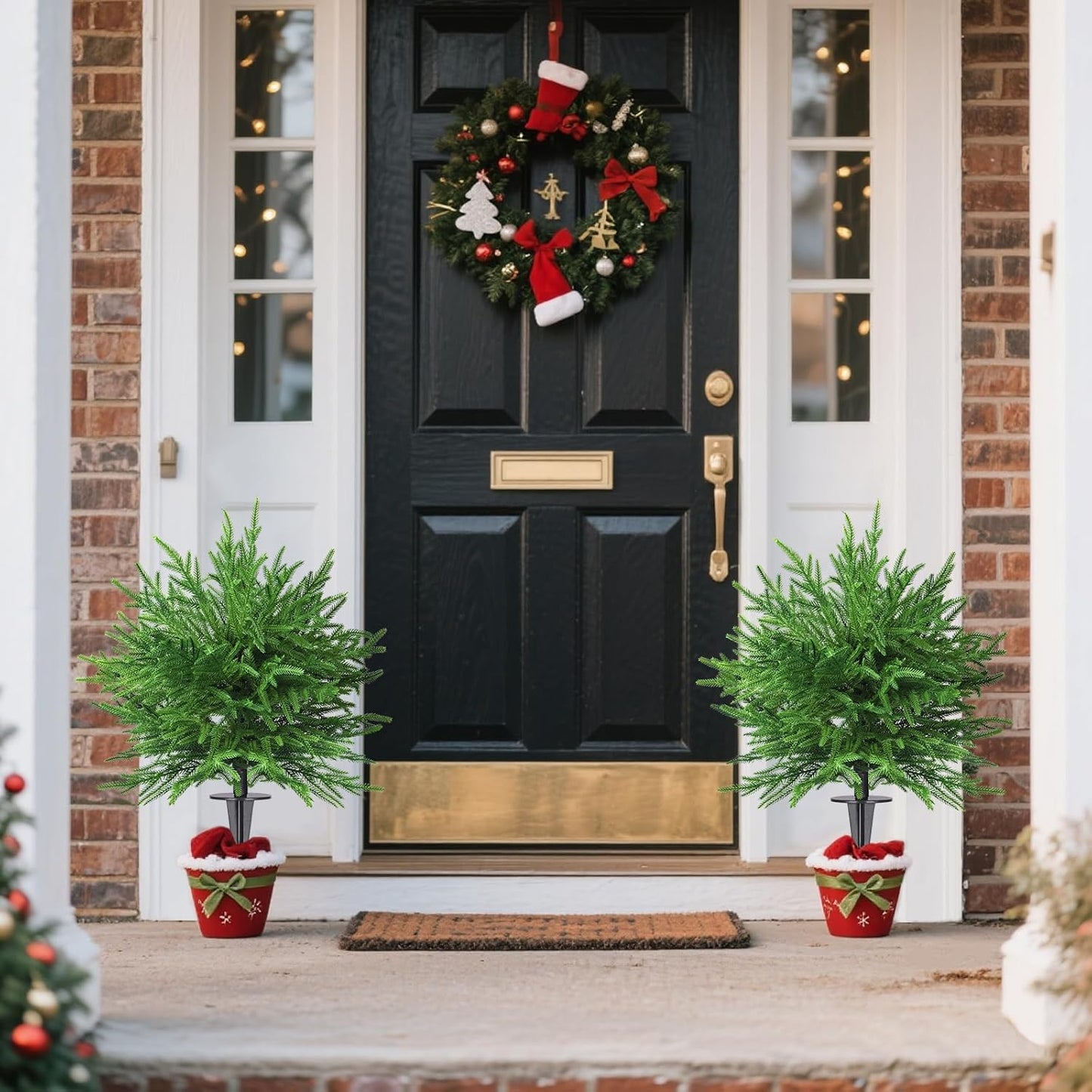 Artificial Topiary Ball Trees, 2 Pack 28'' UV Resistant Faux Cedar Bushes, Outdoor Indoor Decorative Evergreen Plants with Ground Spikes for Patio Garden Porch Decor