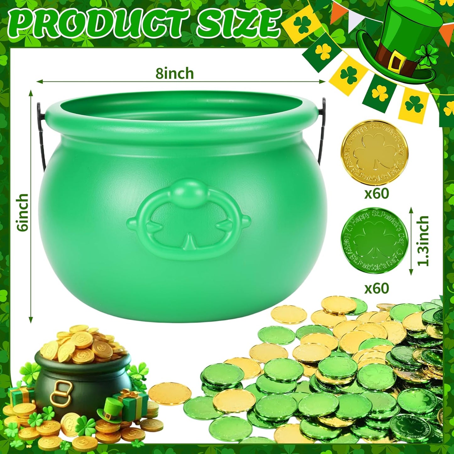 8 Inch St Patricks Day Green Pot with 120 Green & Gold Plastic Lucky Coins Candy Bucket Reusable Pot for St Patrick's Day Decorations Irish Lucky Festival Supplies