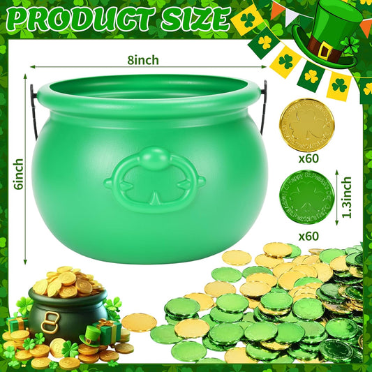 8 Inch St Patricks Day Green Pot with 120 Green & Gold Plastic Lucky Coins Candy Bucket Reusable Pot for St Patrick's Day Decorations Irish Lucky Festival Supplies