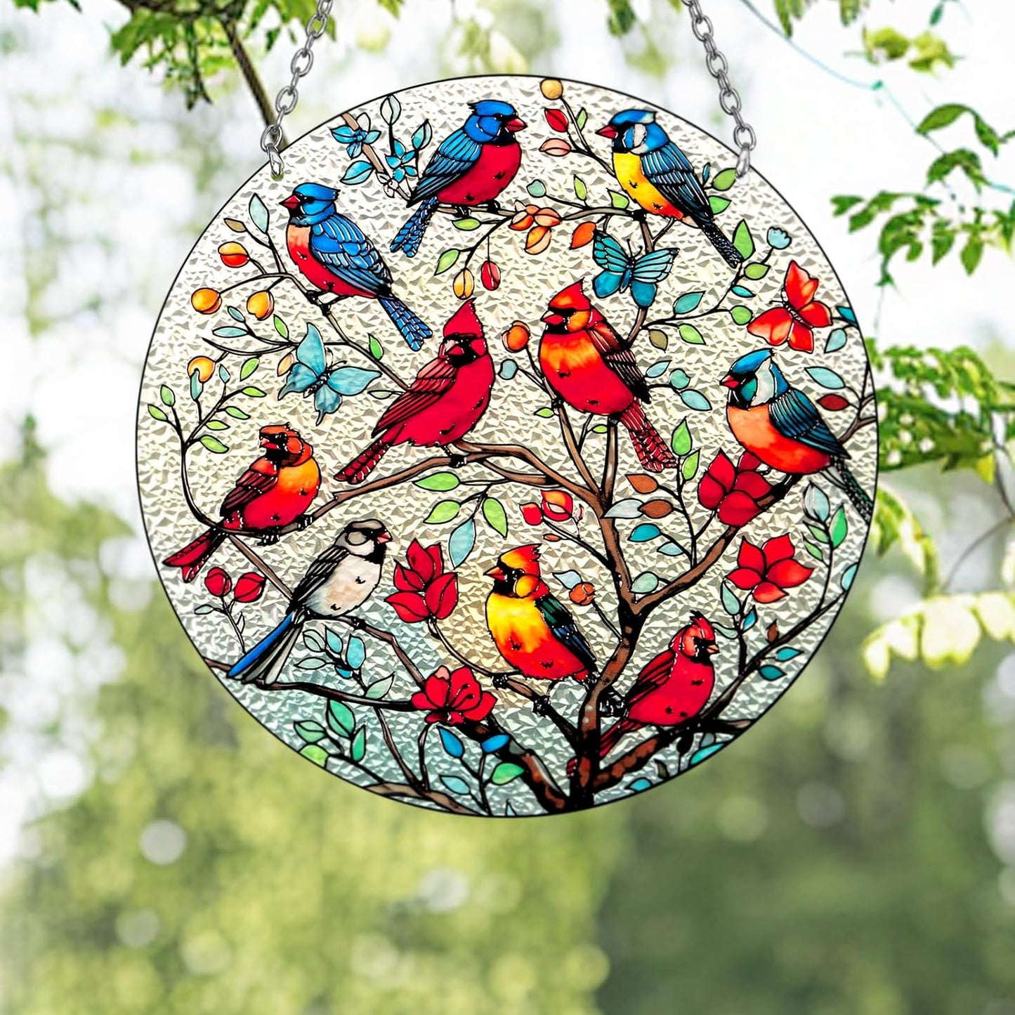 Large Size Cardinal Stained Glass Window Hanging, Cardinal Suncatcher Garden Decor, Hand Painted Red Bird Window Suncatchers, 8.6in Memorial Ornament for Bird Lovers Women