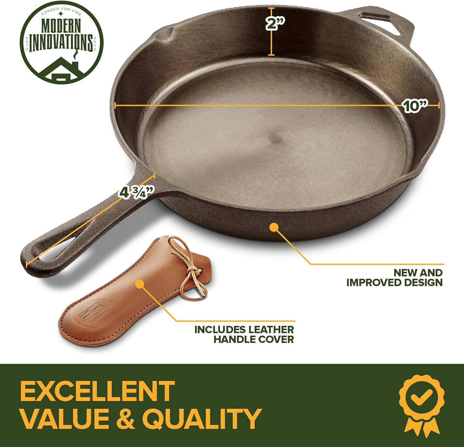 Modern Innovations 10 Inch Cast Iron Skillet, Pre-Seasoned Smooth Poli