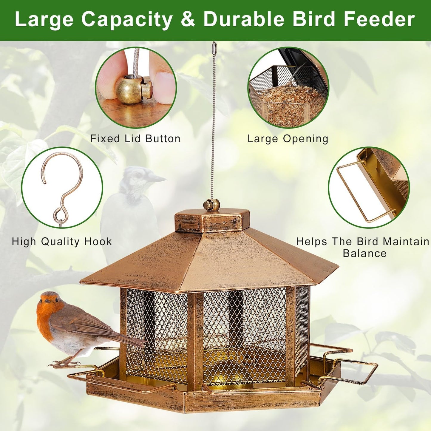 Metal Bird Feeder for Outdoor Hanging, 4.6LB Large Capacity, Garden De
