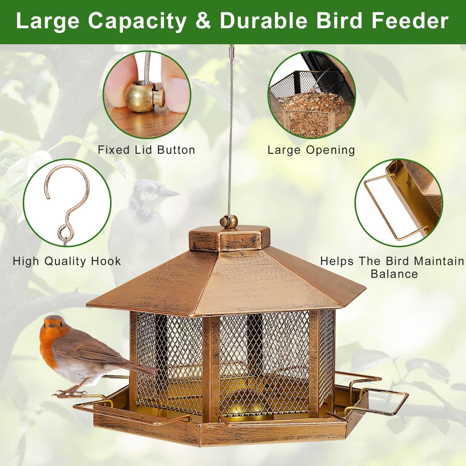 Metal Bird Feeder for Outdoor Hanging, 4.6LB Large Capacity, Garden De
