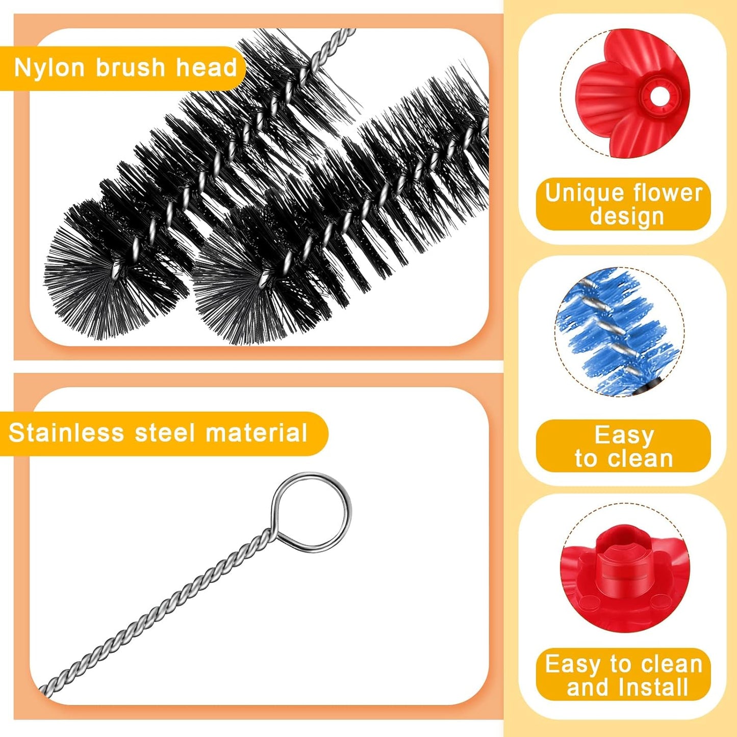 38 Pcs 3 Size Hummingbird Feeder Cleaning Brush Mini Nylon Tube Brush with 16 Flowers Bird Replacement Parts Double Headed Brushes for Bottle Feeding Holes Replacement(Black)