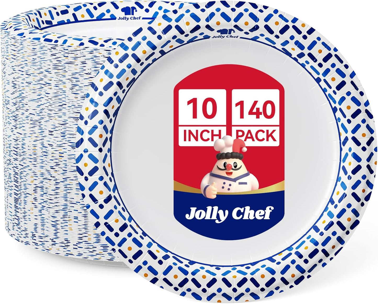 JOLLY CHEF 10 Inch Paper Plates 140 Count, Soak-Proof, Cut Proof, Disp