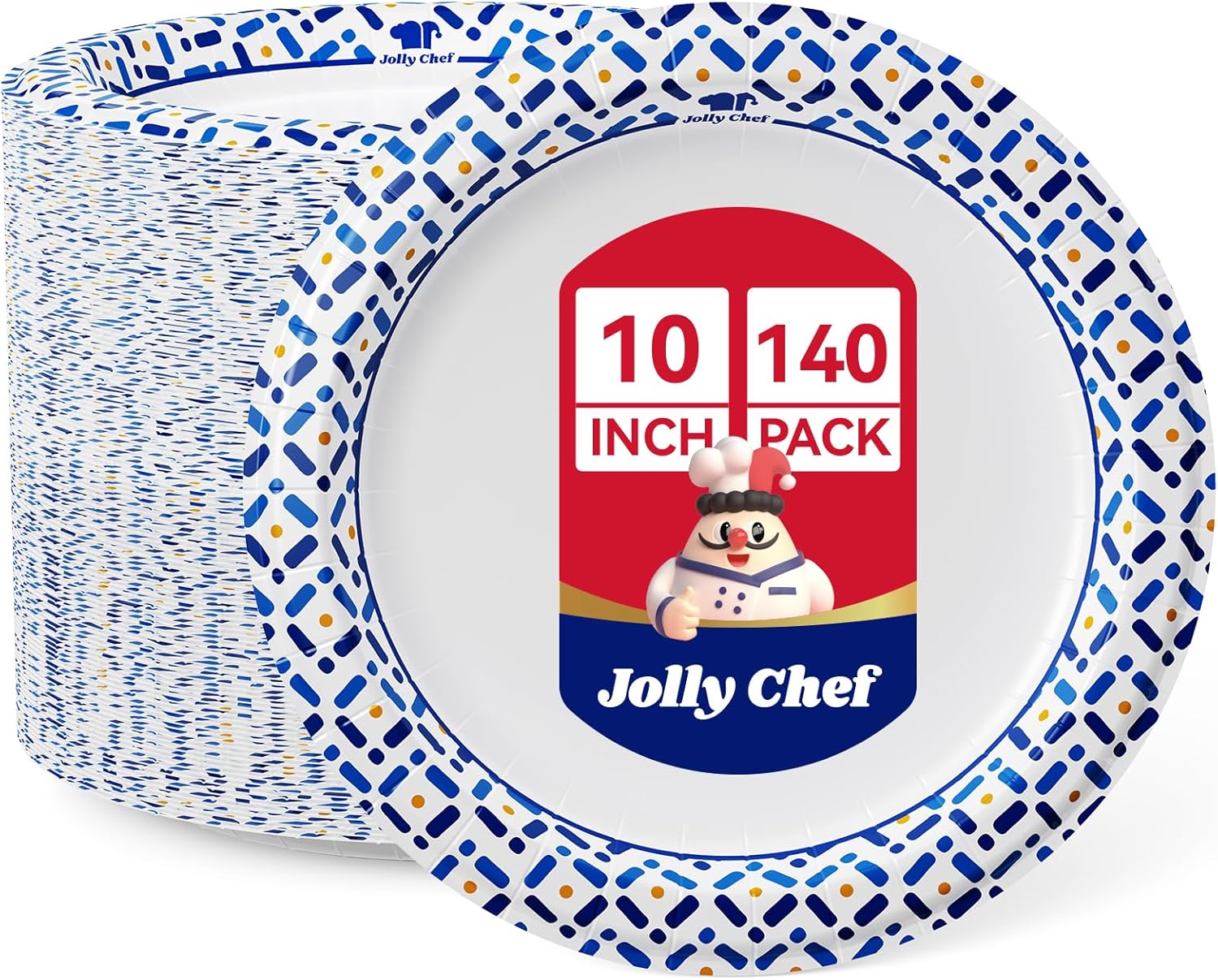 JOLLY CHEF 10 Inch Paper Plates 140 Count, Soak-Proof, Cut Proof, Disp