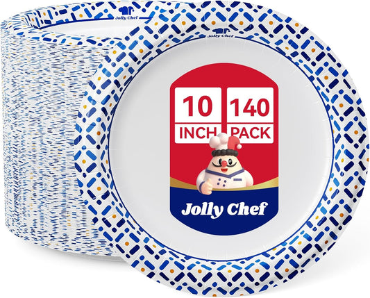 JOLLY CHEF 10 Inch Paper Plates 140 Count, Soak-Proof, Cut Proof, Disp