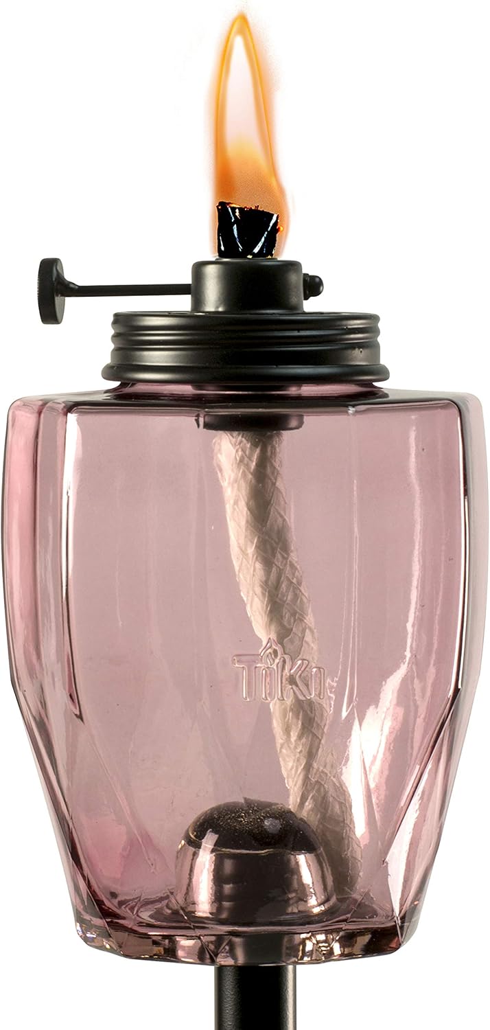 TIKI Adjustable Flame 64" Glass Torch – Pink Decorative Lighting for Outdoor Lawn, Patio & Garden | Includes Snuffer & Long-Lasting Wick | Weather-Resistant Design