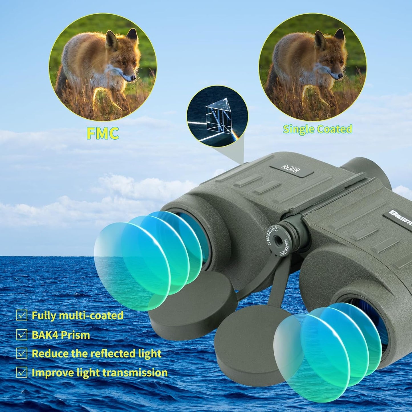 8X30 Marine Binoculars for Adults with Rangefinder Phone Adapter, Shockproof Military IPX7 Floating Waterproof Compact Binoculars with BAK4 Prism FMC Lens for Sailing Boating Navigation Bird Watching