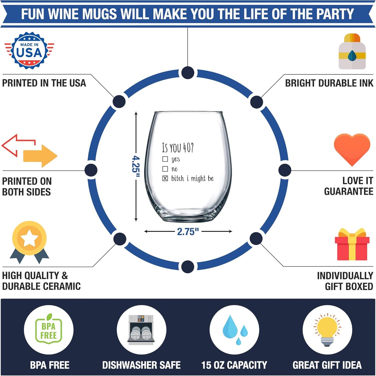 Gelid 40th Birthday Gifts for Women and Men Wine Glass - Funny Is You 40 Gift Idea for Mom Dad Husband Wife – 40 Year Old Party Supplies Decorations for Him, Her - 15oz