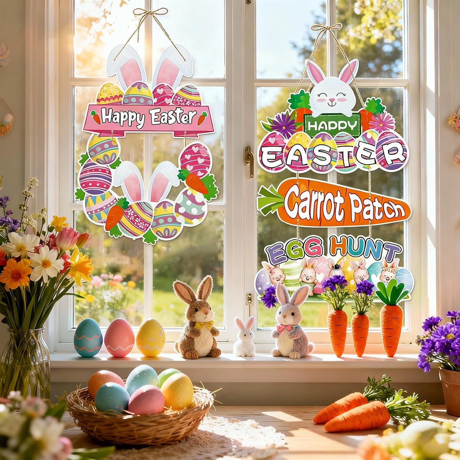 Easter Bunny Door Sign - 4-Piece Set Easter Hanging Sign Rabbit Door D