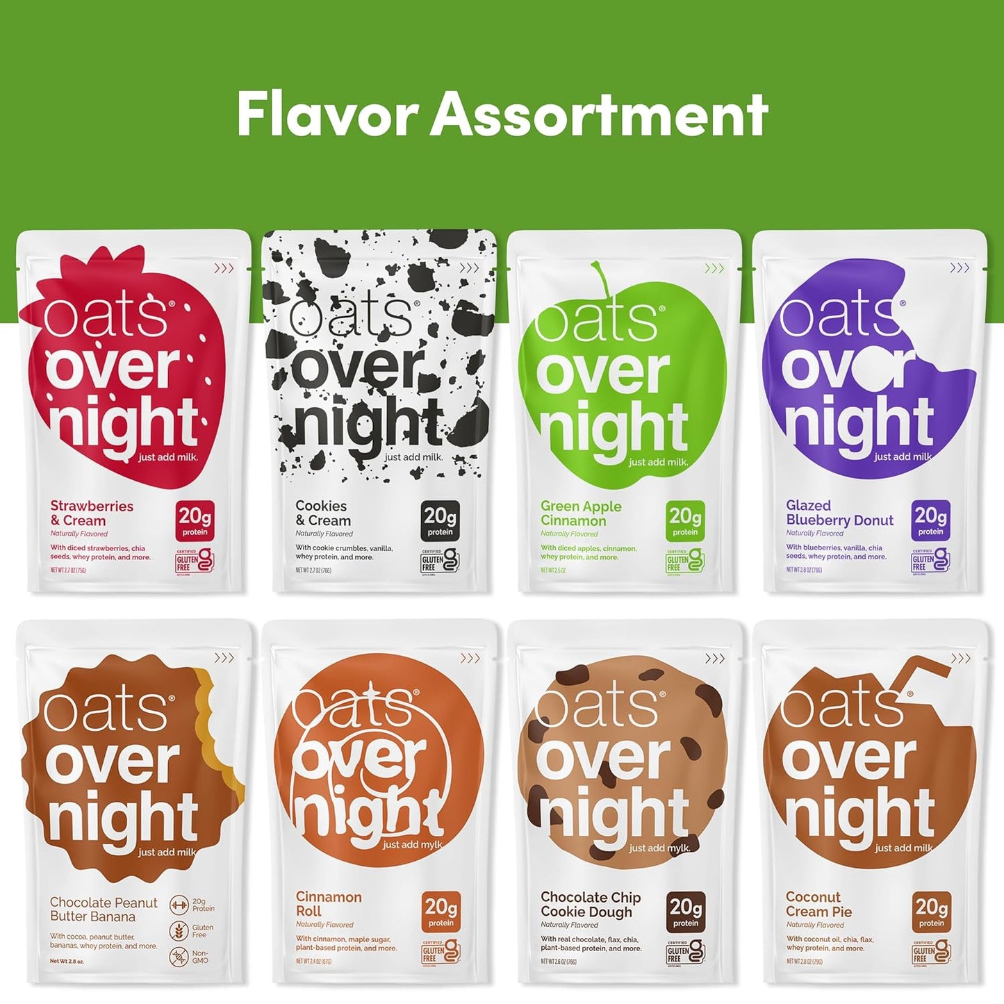 Oats Overnight Party Variety Pack - High Protein, High Fiber Breakfast Protein Shake - Gluten Free Oatmeal, Non GMO Oatmeal - Cookies & Cream, Coconut Cream Pie & More Flavors (8 Pack + Shaker Bottle)