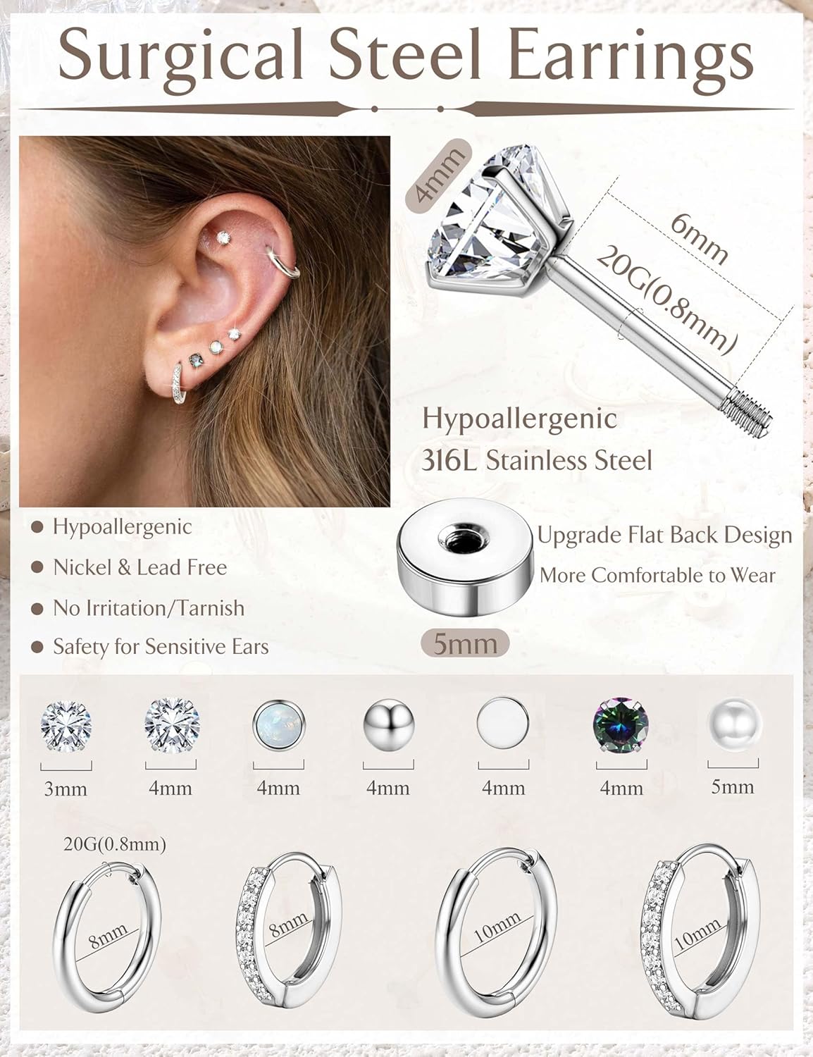 Jstyle Hypoallergenic Stud Hoop Earrings for Women Small Flat Back Sur