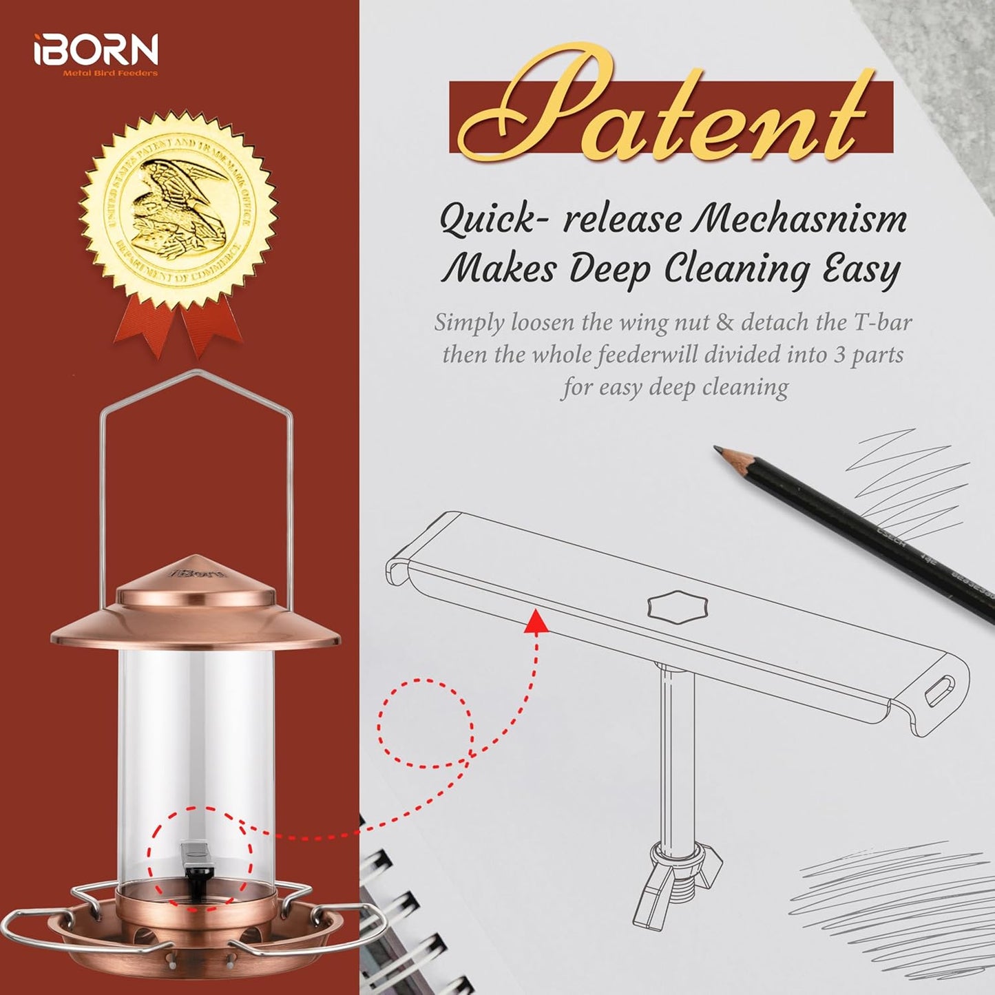 iBorn Bird Feeder Metal Squirrel Chew-Proof Bird Feeders for Outdoors Hanging Outside for Cardinal, Holds 1.5LB Seed with 3 Perchs, Brushed Copper (Seed is not Included)