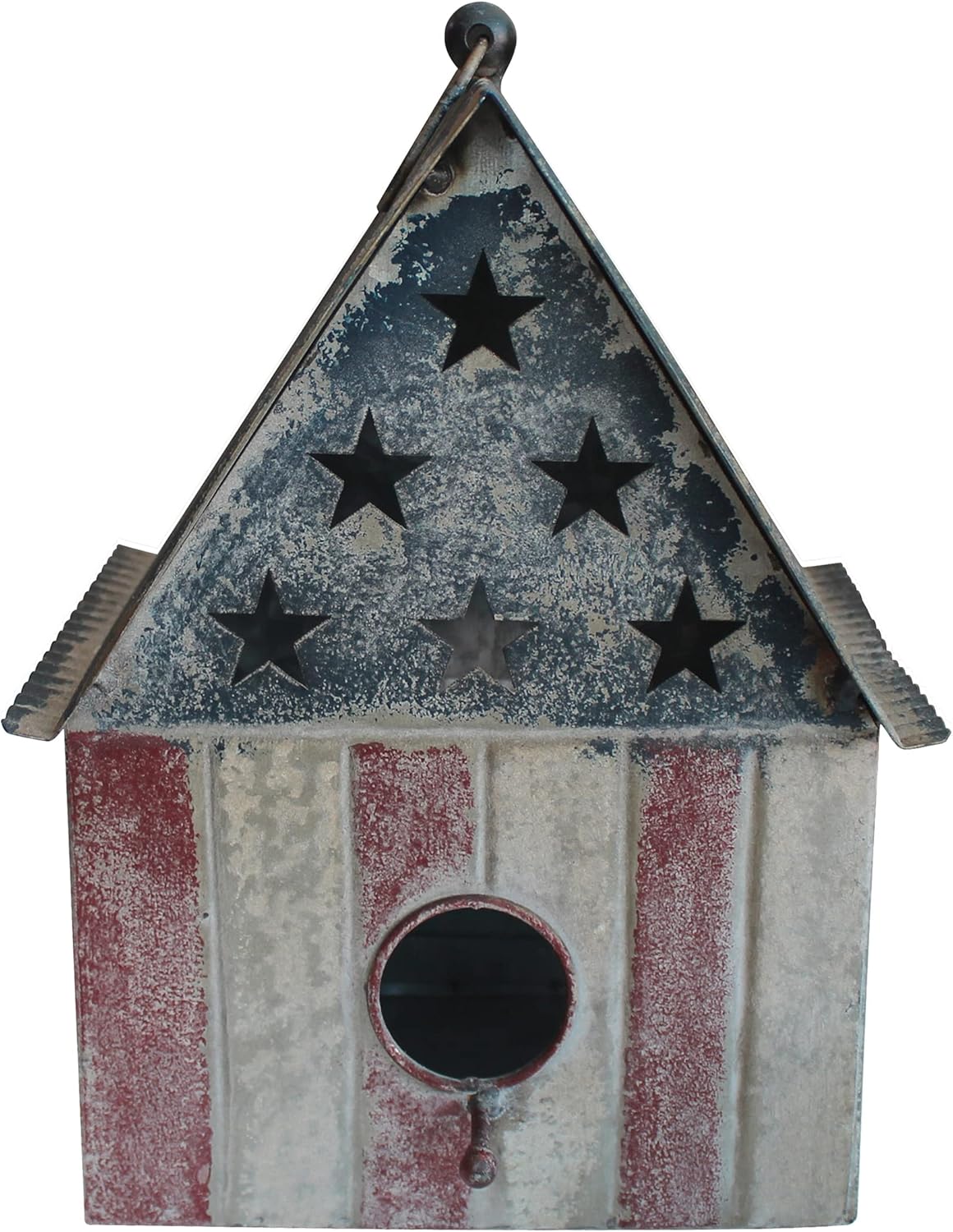 CVHOMEDECO. Rustic Vintage Metal Garden Birdhouse American Flag Design Single Roof Hanging Bird House for Outside