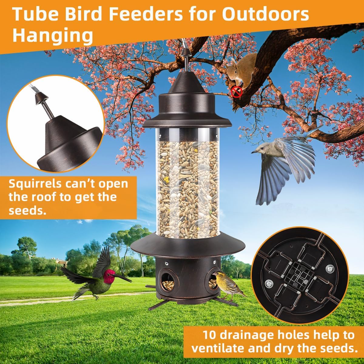 Squirrel Proof Bird Feeders - Gravity Protection Anti Squirrel Wild Metal Bird Feeders for Outdoors Hanging,Premium Hard Plastic Tube Bird Seed Feeder with 4 Feeding Ports for Blue Jay,Sparrow(Bronze)