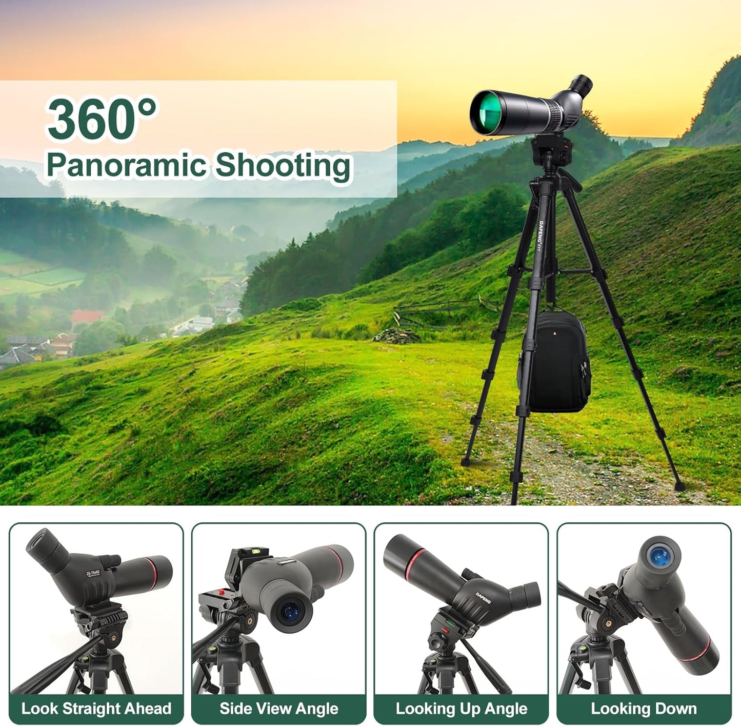DAPENG Spotting Scope Tripod,Shooting Hunting Rest V Yoke Stand with Travel Bag and Phone Holder,Compatible with Monocular/Astronomical Telescope/DSLR Camera/Cell Phone/Projector (74 inch)