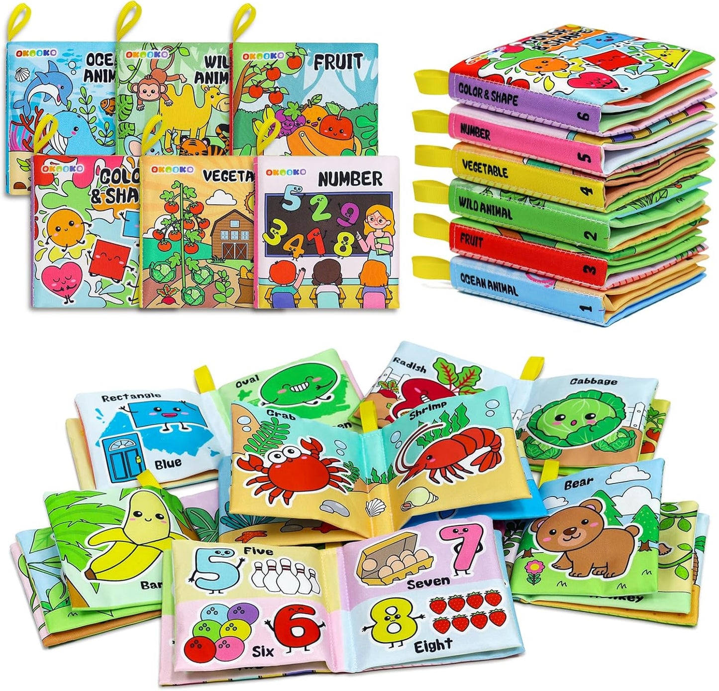 OKOOKO Soft Baby Books 6PCS Soft Cloth Books Bath Books Crinkle Washab
