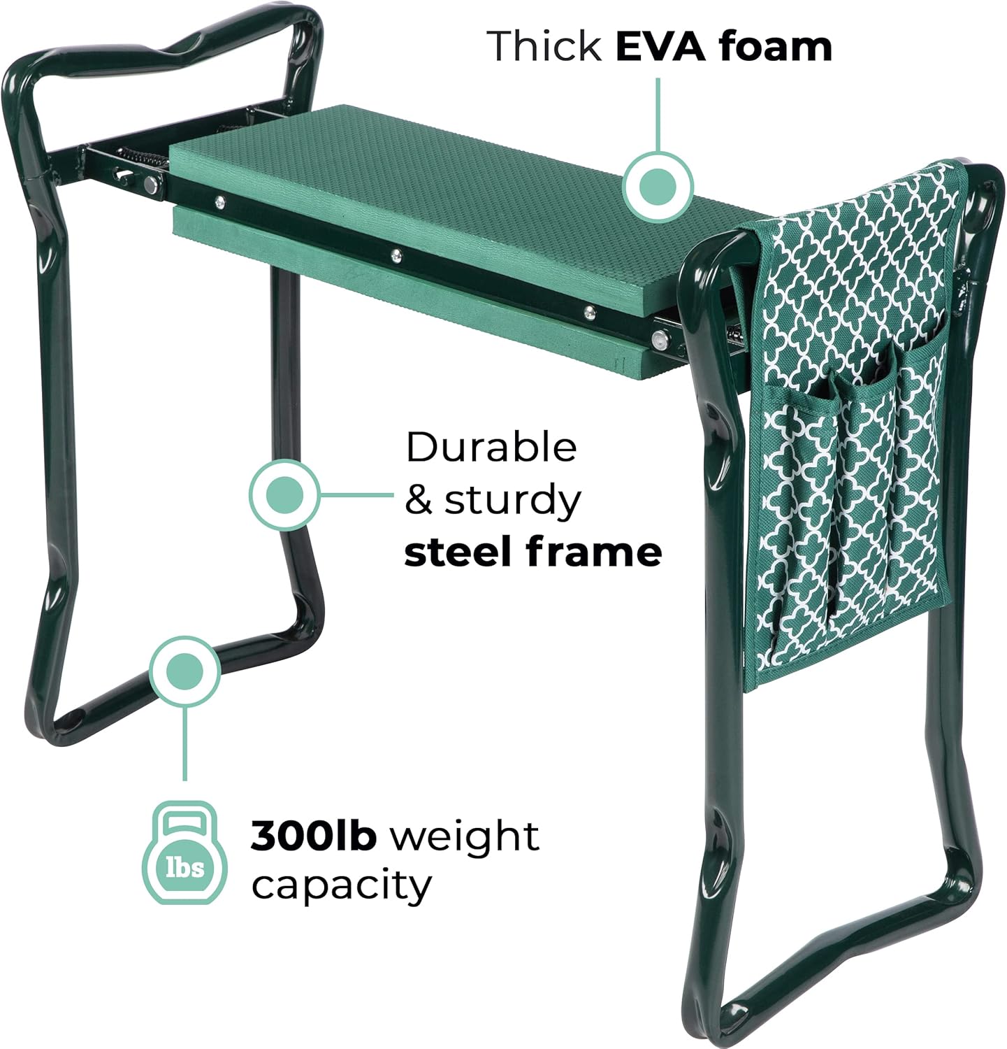 Garden Kneeler And Seat - Protects Your Knees, Clothes From Dirt & Grass Stains - Foldable Stool For Ease Of Storage - EVA Foam Pad - Sturdy and Lightweight - Bench Comes With A Free Tool Pouch!