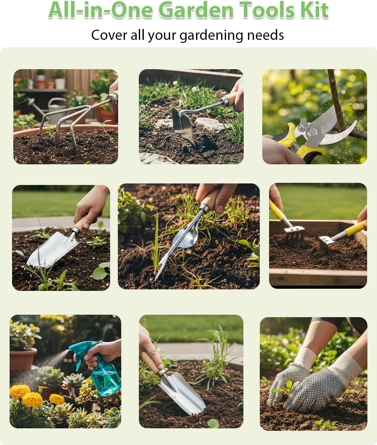 Garden Tools Set 12-Piece, MOSFiATA Gardening Tools Kit with Comfortable Handle, Heavy Duty Soil Shovel, Transplant Trowel, Weeder, Hand rake, Professional Pruner Sprayer Gloves with Organizer Bag