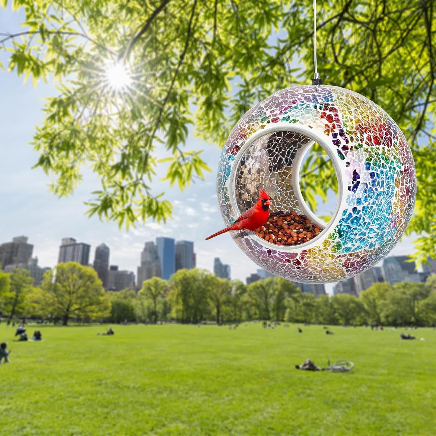 Yinns Mosaic Bird Feeder- Fly Through Glass Bird Feeders for Outside Hanging with Round Shape Glass Container Wild Birdfeeder for Garden Decor, 6.5 Inch Multicolor