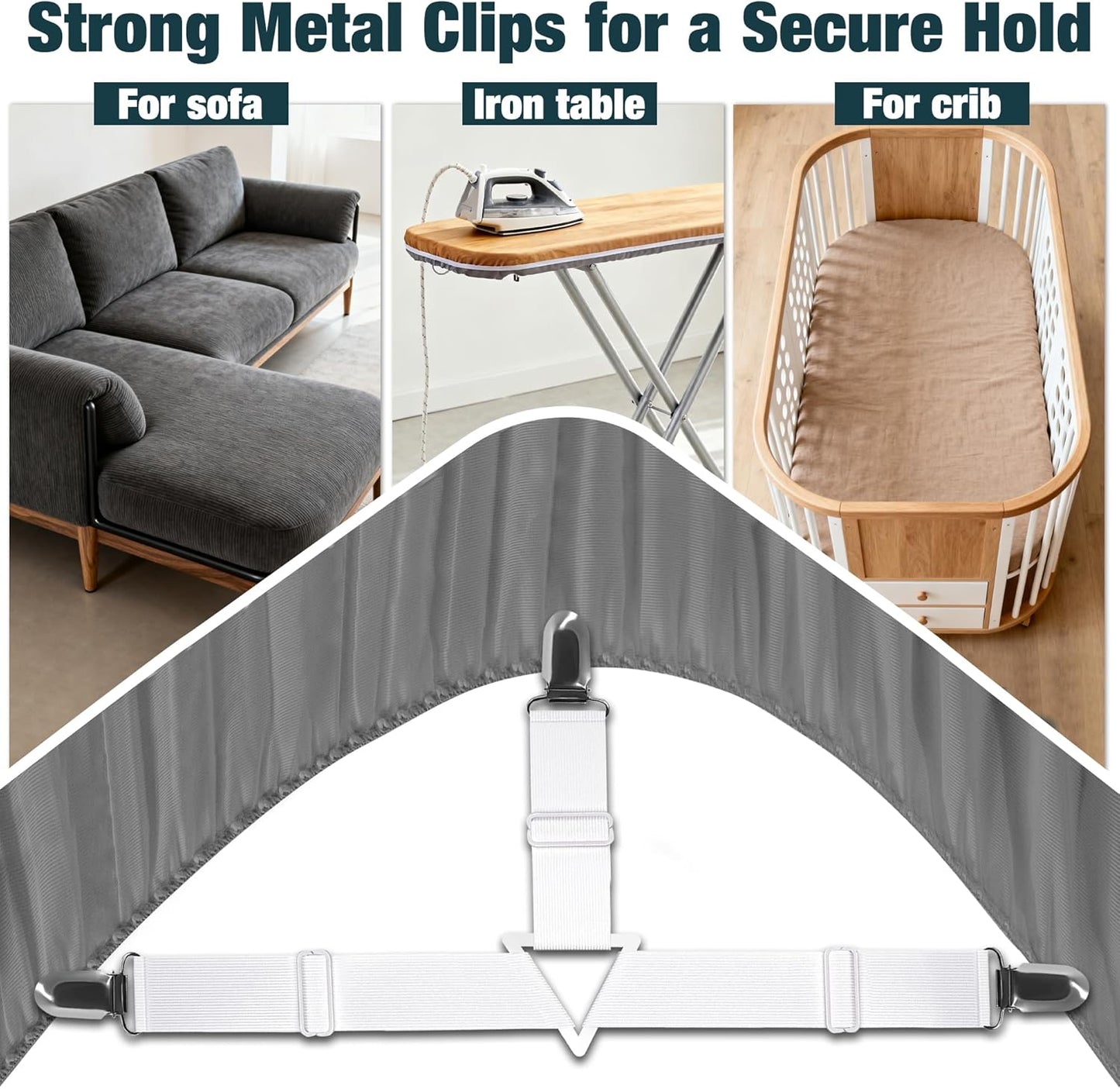 4 Pack Adjustable Elastic Straps with Metal Clips, Bed Sheet Fasteners in Assorted Four Sizes, Bedding Suspenders for Mattress Covers, Bed Corner Holders and Keepers (White)